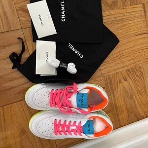 Chanel White Leather and Neon Sneakers